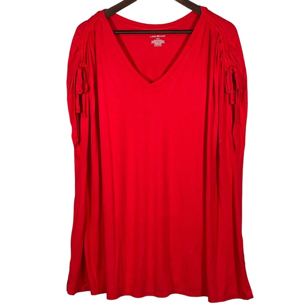 Lane Bryant Sleeveless Ruched Top Women Size 26 Red V-Neck Stretch Side Hem Slit
